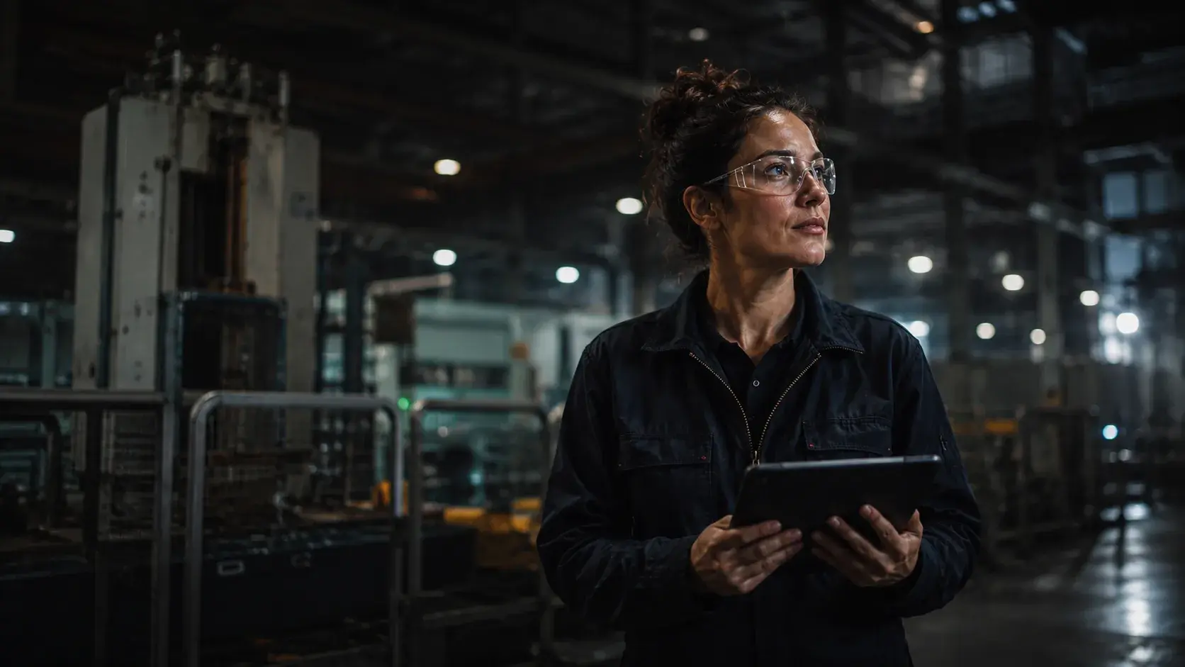 Ingenieurin mit Tablet in einer Fertigungshalle